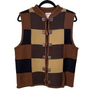 Vintage Patchwork Sweater Vest Wood Toggles Brown Dark Academia Poet 90s Women L